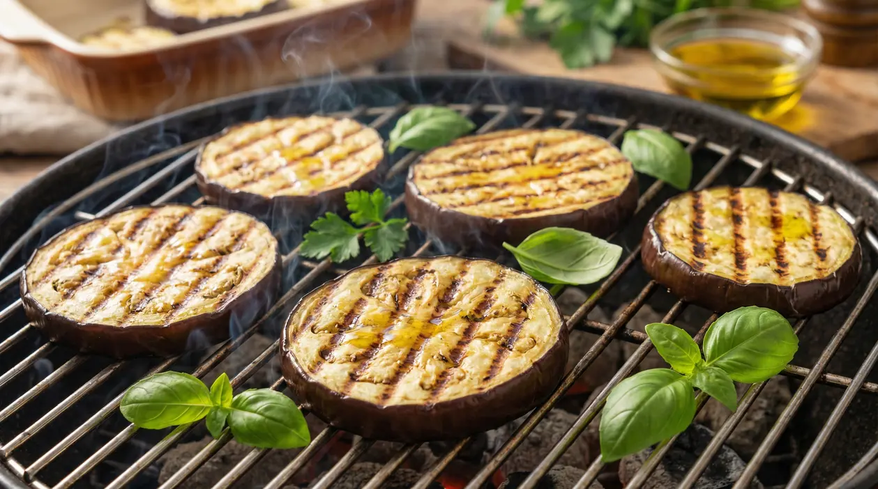 Fette di melanzane grigliate su una griglia all'aperto con foglie di basilico fresco
