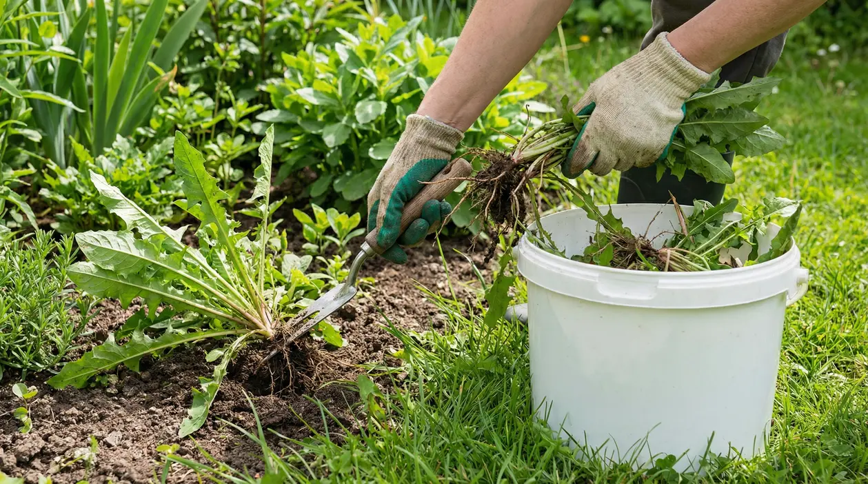Persona che estirpa erbacce manualmente in un giardino con un secchio bianco.