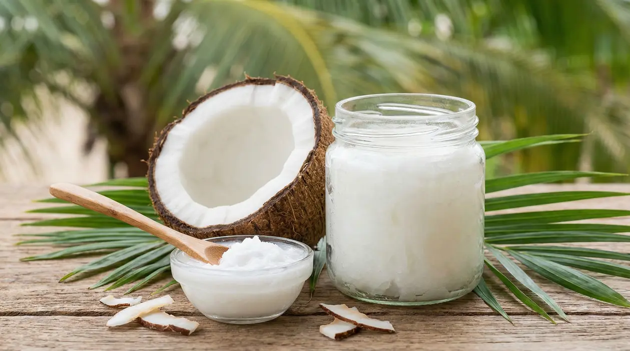 Barattolo di olio di cocco solido con cocco aperto su tavolo di legno