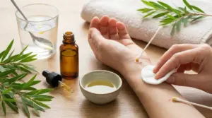 Applicazione di olio di tea tree su una ferita usando un dischetto di cotone e un cotton fioc