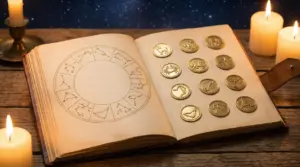 Un libro antico aperto con simboli zodiacali e monete dorate, circondato da candele accese