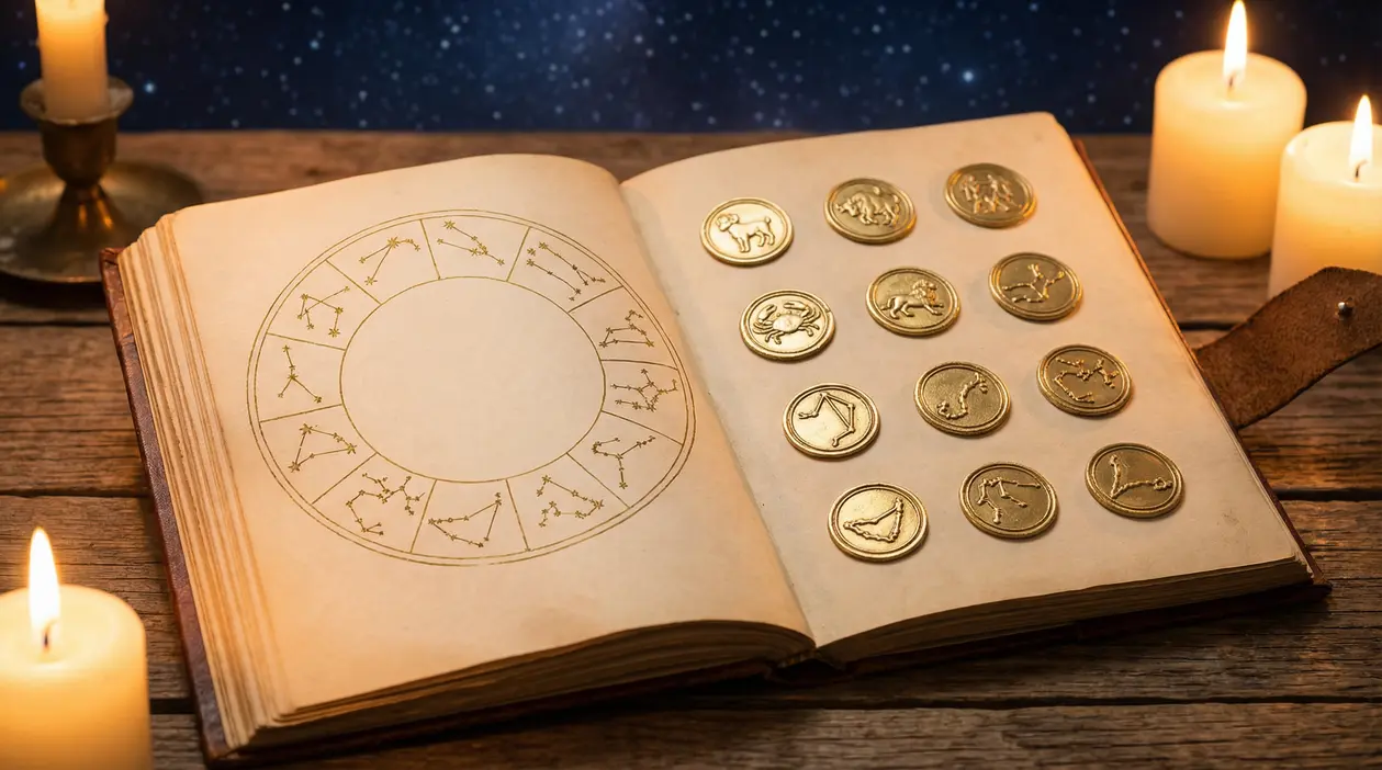 Un libro antico aperto con simboli zodiacali e monete dorate, circondato da candele accese