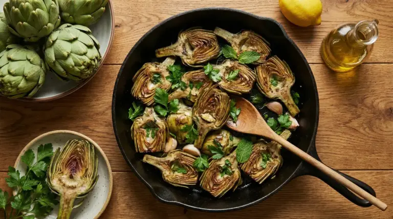 Padellata di carciofi alla romanesca con prezzemolo in padella di ferro su tavolo di legno