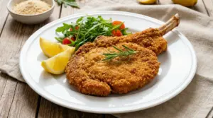 Cotoletta impanata croccante servita con limone e insalata fresca su un piatto bianco