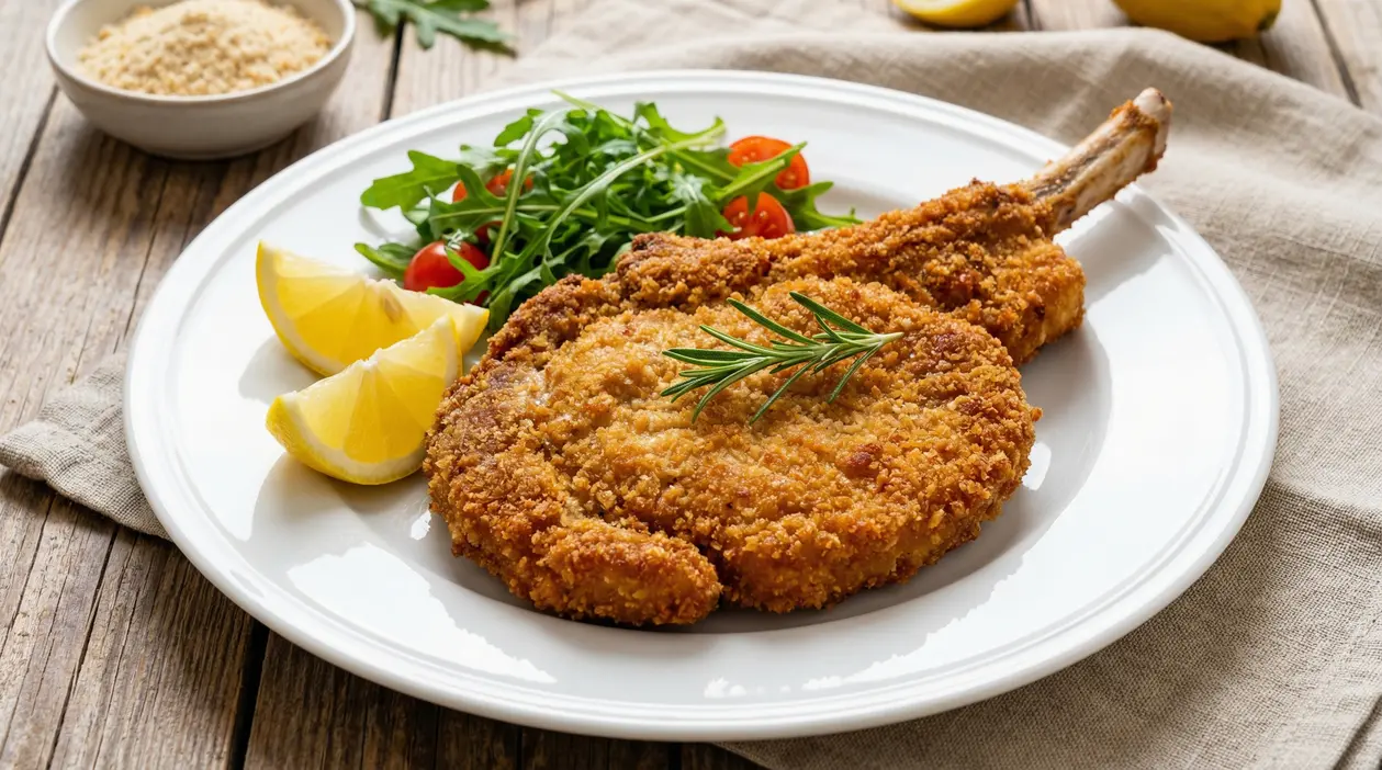 Cotoletta impanata croccante servita con limone e insalata fresca su un piatto bianco