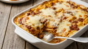Pasta al forno con besciamella e ragù servita in una pirofila bianca su tavolo rustico