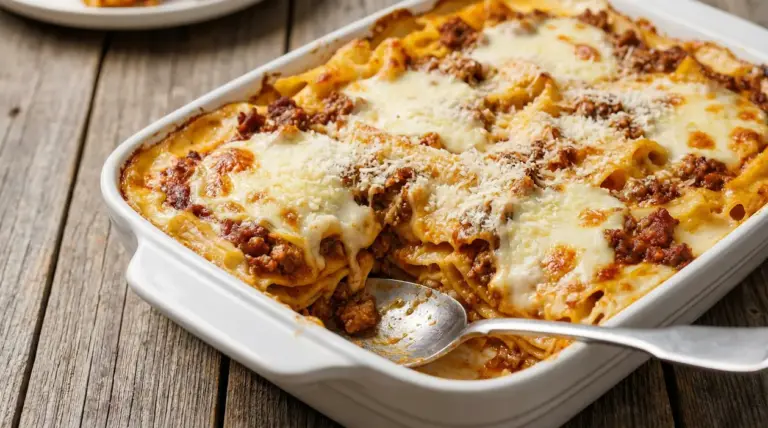 Pasta al forno con besciamella e ragù servita in una pirofila bianca su tavolo rustico