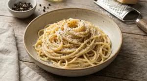Piatto di pasta cacio e pepe servito in una ciotola rustica su tavolo in legno