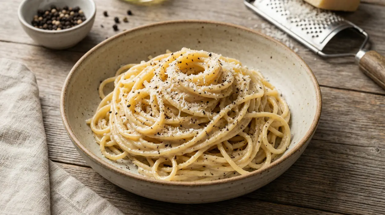 Piatto di pasta cacio e pepe servito in una ciotola rustica su tavolo in legno