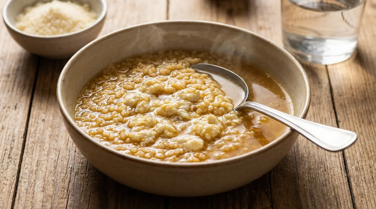 Ciotola di pastina in brodo calda con formaggio fuso, su tavolo in legno
