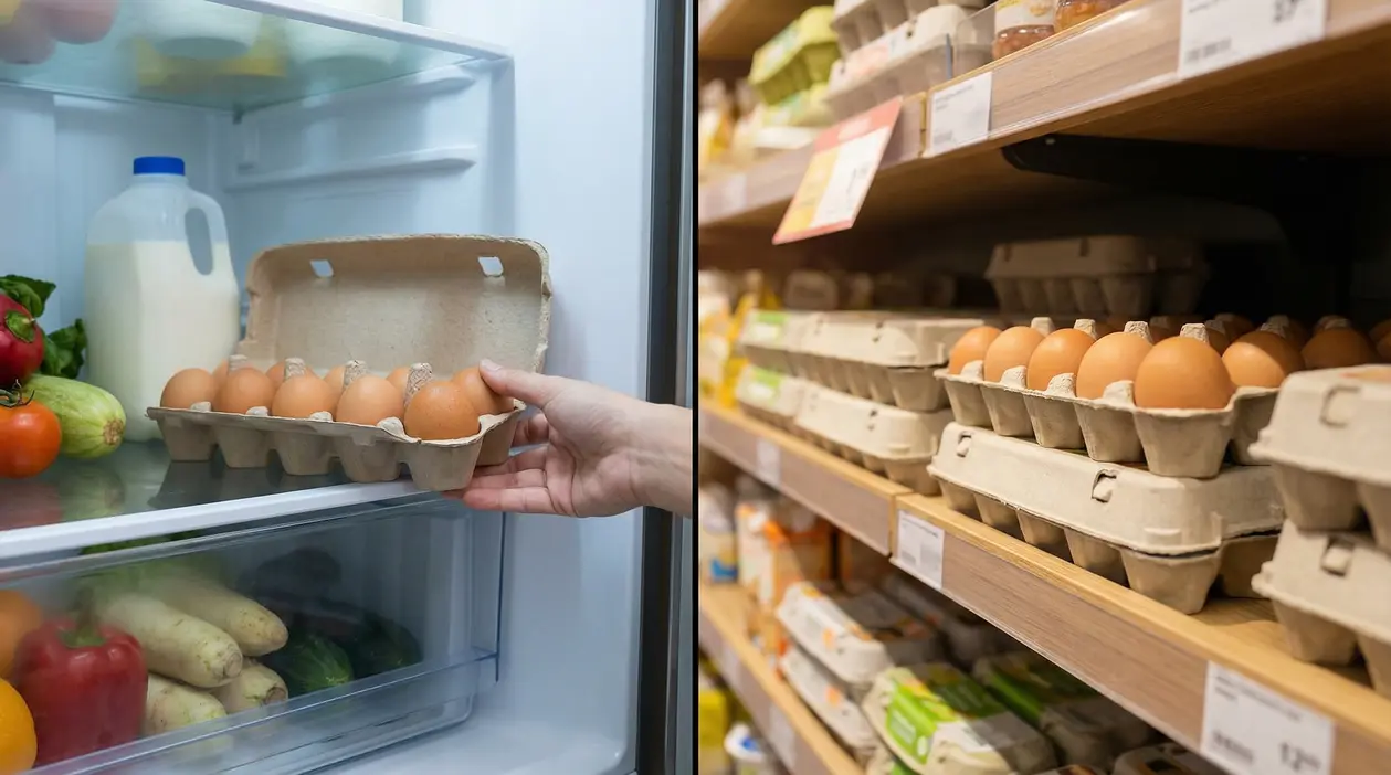 Confezione di uova conservata in frigorifero e uova esposte sugli scaffali di un supermercato