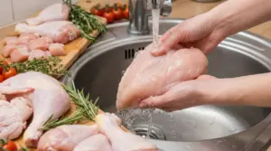 Persona che lava un petto di pollo crudo sotto l'acqua corrente in cucina