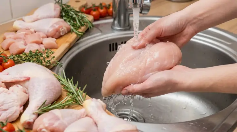 Persona che lava un petto di pollo crudo sotto l'acqua corrente in cucina
