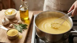 Polenta cremosa mescolata in una pentola con ingredienti freschi sul tavolo