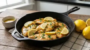 Pollo al limone in padella di ghisa con fettine di limone e prezzemolo fresco