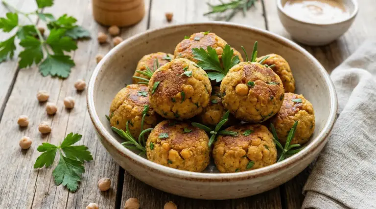 Polpette di ceci servite in una ciotola con erbe aromatiche su tavolo rustico