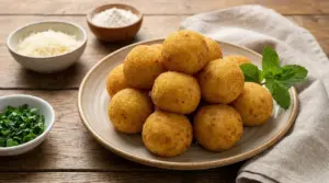 Polpette di patate dorate servite su un piatto con ingredienti freschi intorno