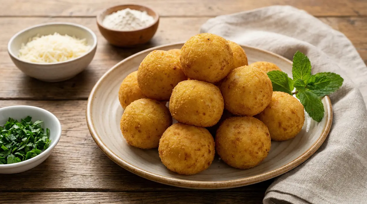 Polpette di patate dorate servite su un piatto con ingredienti freschi intorno