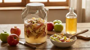 Barattolo con bucce e torsoli di mela in fermentazione per aceto su tavolo rustico con mele e ciotola