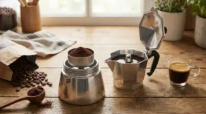 Caffettiera moka smontata con caffè macinato e una tazza di espresso su un tavolo di legno