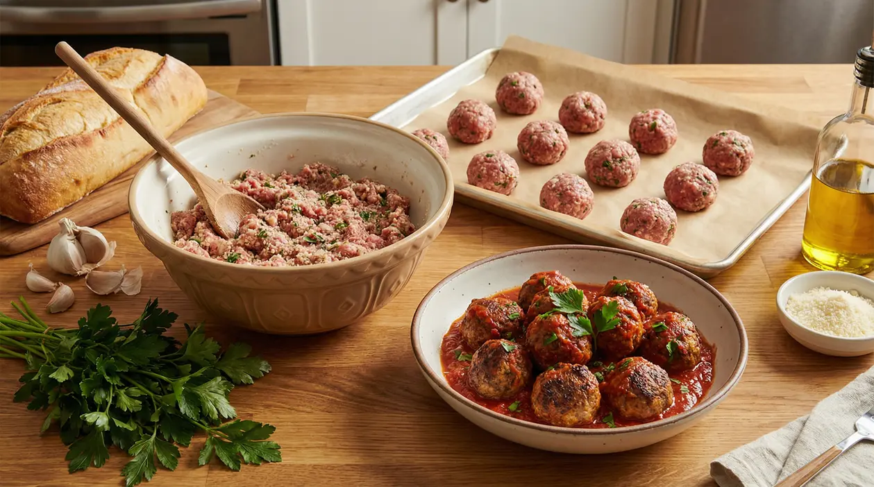 Polpette fatte in casa con carne tritata, preparate e servite con salsa di pomodoro