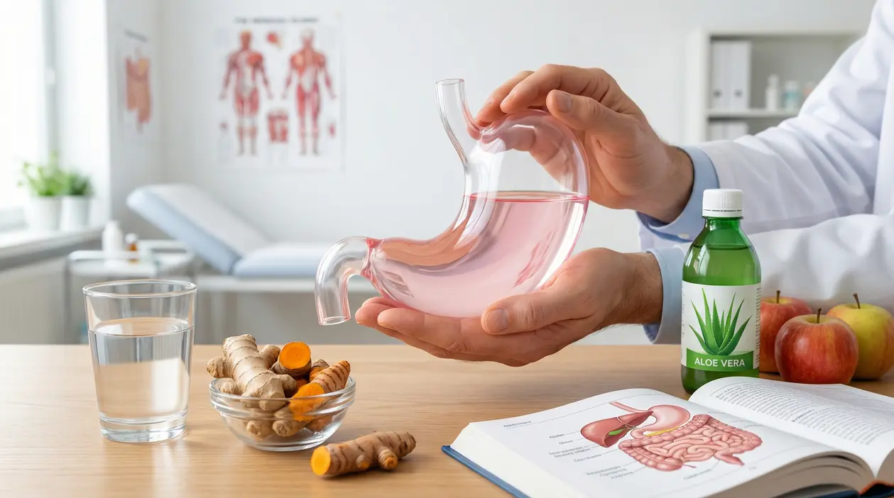 Mani tengono un modello anatomico di stomaco vicino a rimedi naturali su un tavolo medico