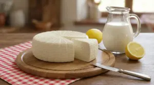 Formaggio primosale fatto in casa su tagliere con latte intero e limoni sullo sfondo