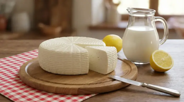 Formaggio primosale fatto in casa su tagliere con latte intero e limoni sullo sfondo
