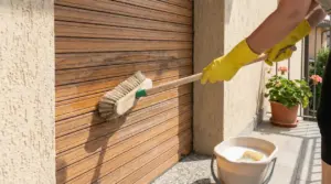 Persona pulisce persiana esterna in legno con spazzolone e guanti di gomma