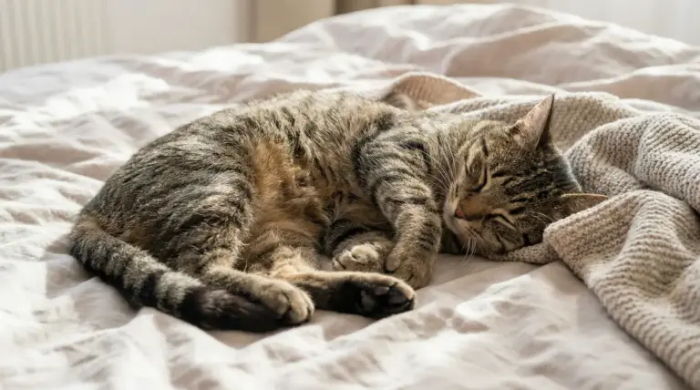 Gatto tigrato che dorme profondamente su un letto con coperte chiare