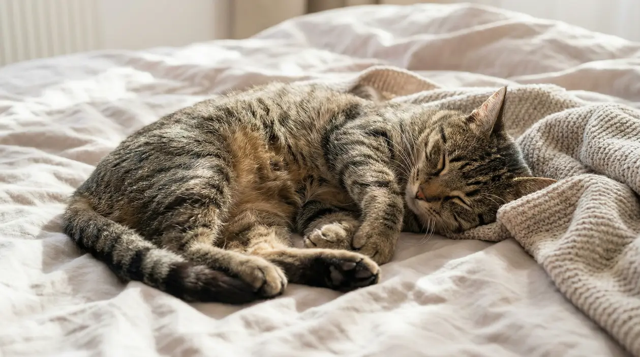 Gatto tigrato che dorme profondamente su un letto con coperte chiare