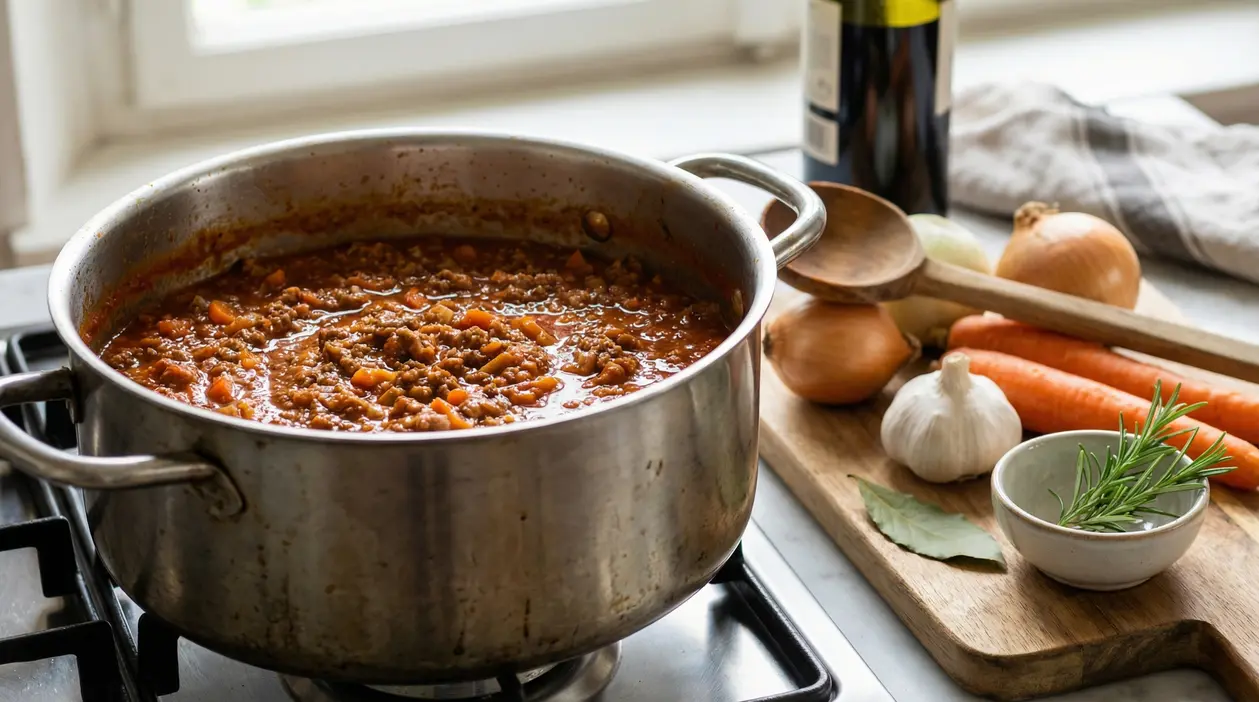 Pentola di ragù alla bolognese con ingredienti freschi su un tagliere vicino