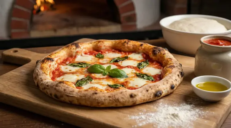 Pizza margherita su tagliere di legno con ingredienti freschi e forno a legna sullo sfondo