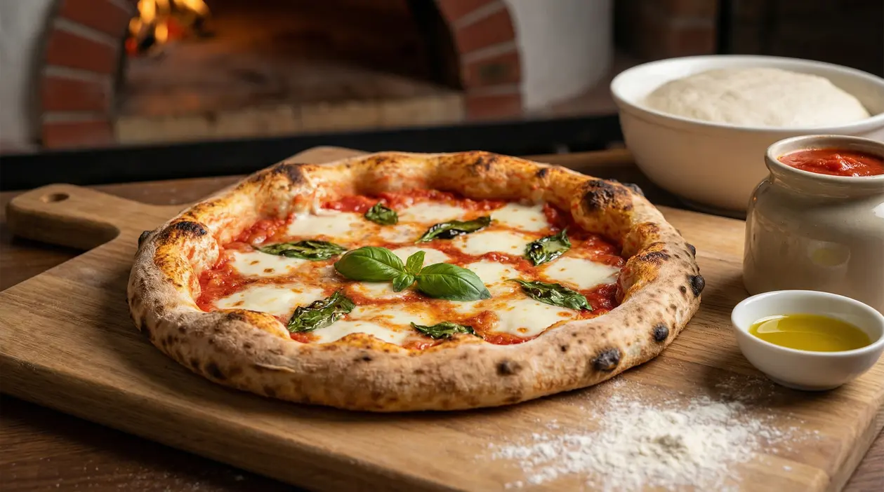 Pizza margherita su tagliere di legno con ingredienti freschi e forno a legna sullo sfondo