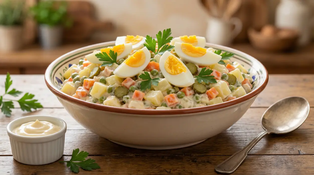 Insalata russa servita in una ciotola con uova sode, patate, piselli e carote