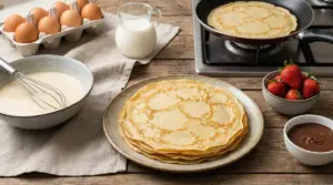 Crepes cotte in padella con ingredienti come uova, latte, fragole e cioccolato su tavolo rustico