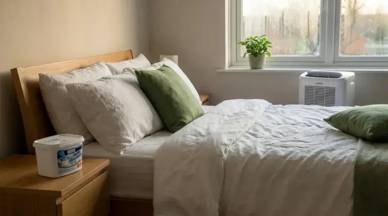 Camera da letto con letto ordinato, deumidificatore e finestra appannata