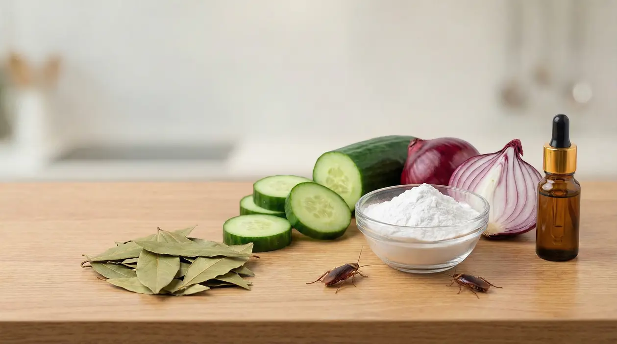 Ingredienti naturali come cetriolo, alloro, cipolla, bicarbonato e olio essenziale su un tavolo con scarafaggi
