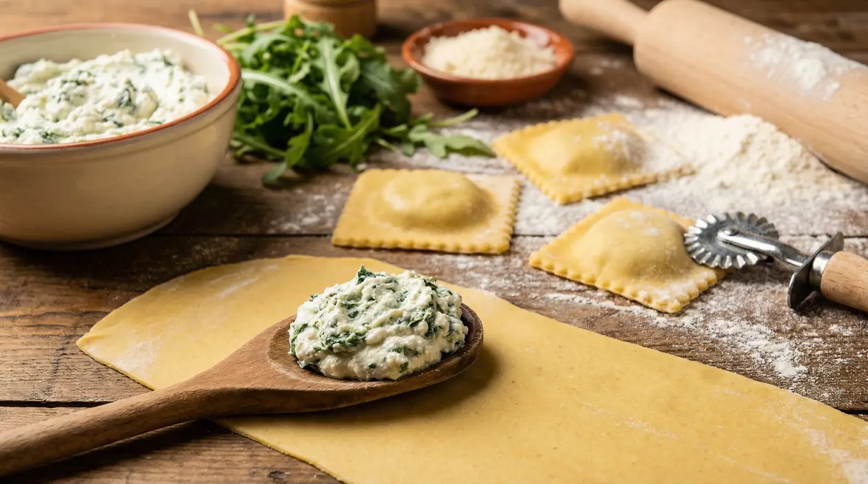 Ripieno cremoso di ricotta e spinaci su cucchiaio di legno accanto a ravioli freschi fatti in casa