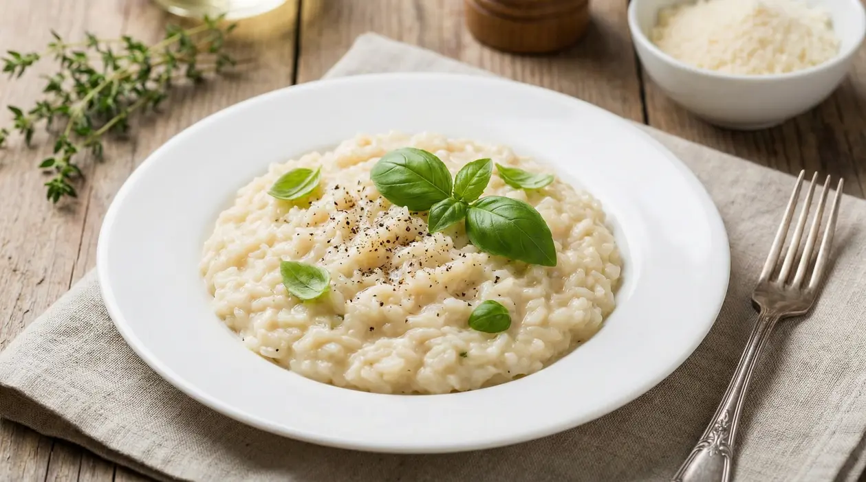 Piatto di risotto cremoso guarnito con foglie di basilico fresco e pepe nero