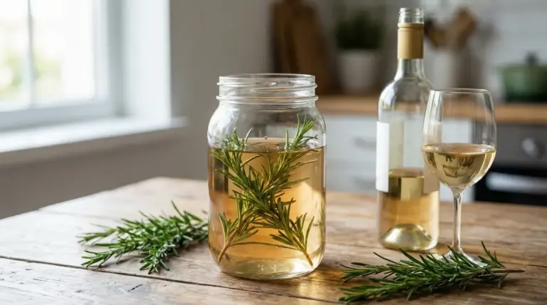 Barattolo con rosmarino immerso nel vino bianco su un tavolo di legno