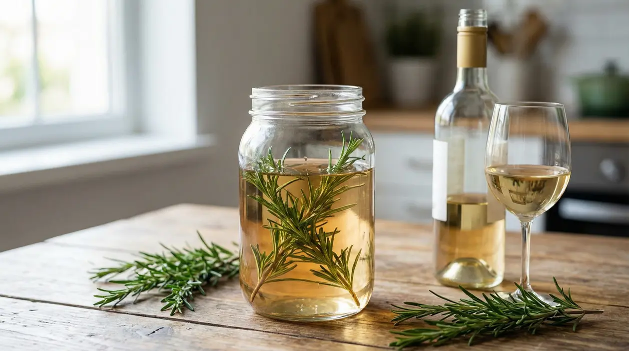 Barattolo con rosmarino immerso nel vino bianco su un tavolo di legno