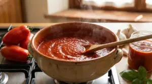 Salsa al pomodoro densa che cuoce lentamente in una pentola di terracotta