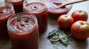 Barattoli di salsa di pomodoro con muffa visibile accanto a pomodori e foglie secche