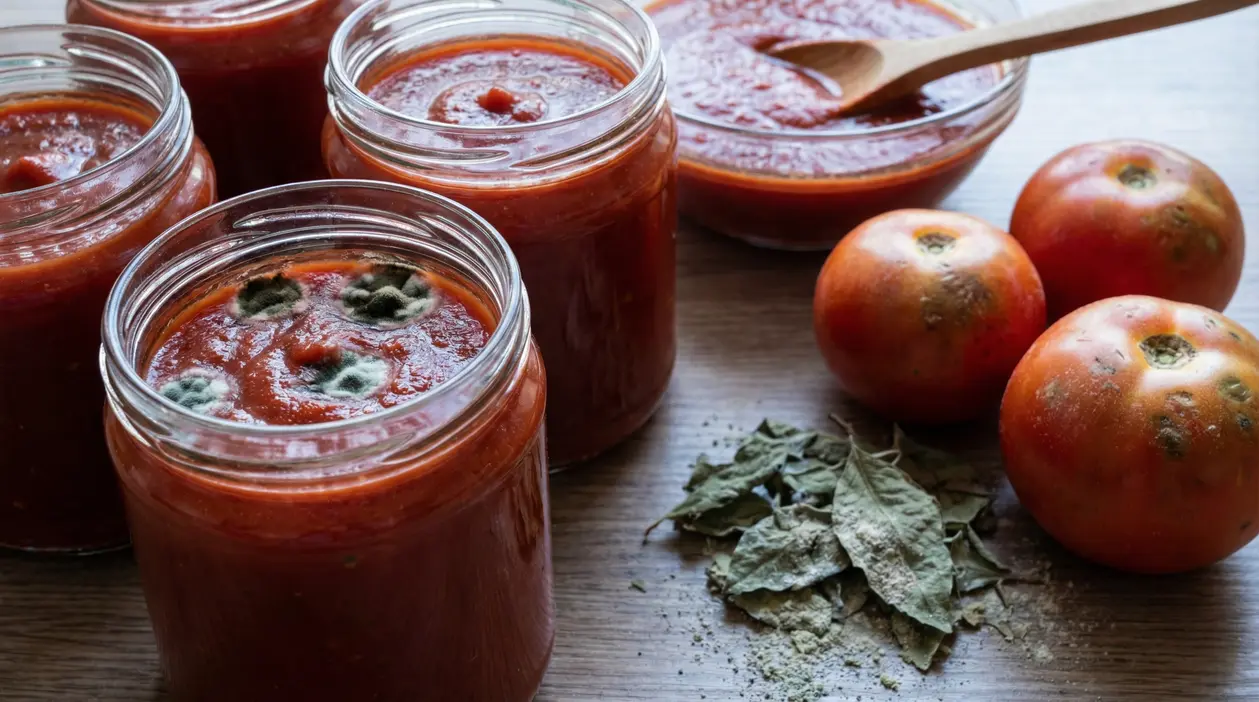 Barattoli di salsa di pomodoro con muffa visibile accanto a pomodori e foglie secche