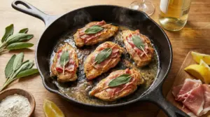 Saltimbocca alla romana in cottura in una padella di ferro con salvia e prosciutto