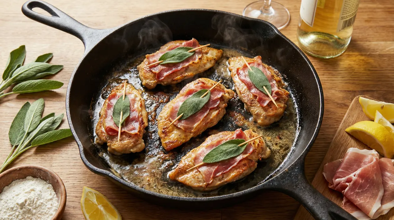 Saltimbocca alla romana in cottura in una padella di ferro con salvia e prosciutto