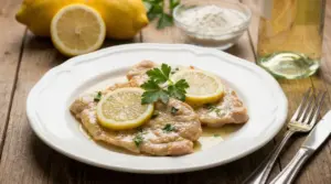 Scaloppine al limone servite in un piatto bianco con fette di limone e prezzemolo