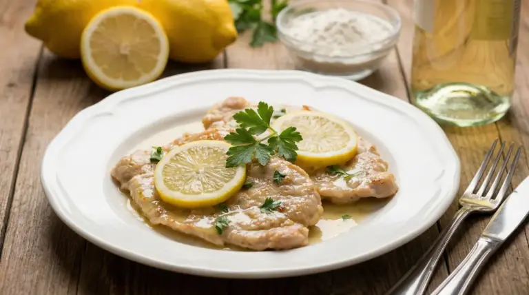 Scaloppine al limone servite in un piatto bianco con fette di limone e prezzemolo