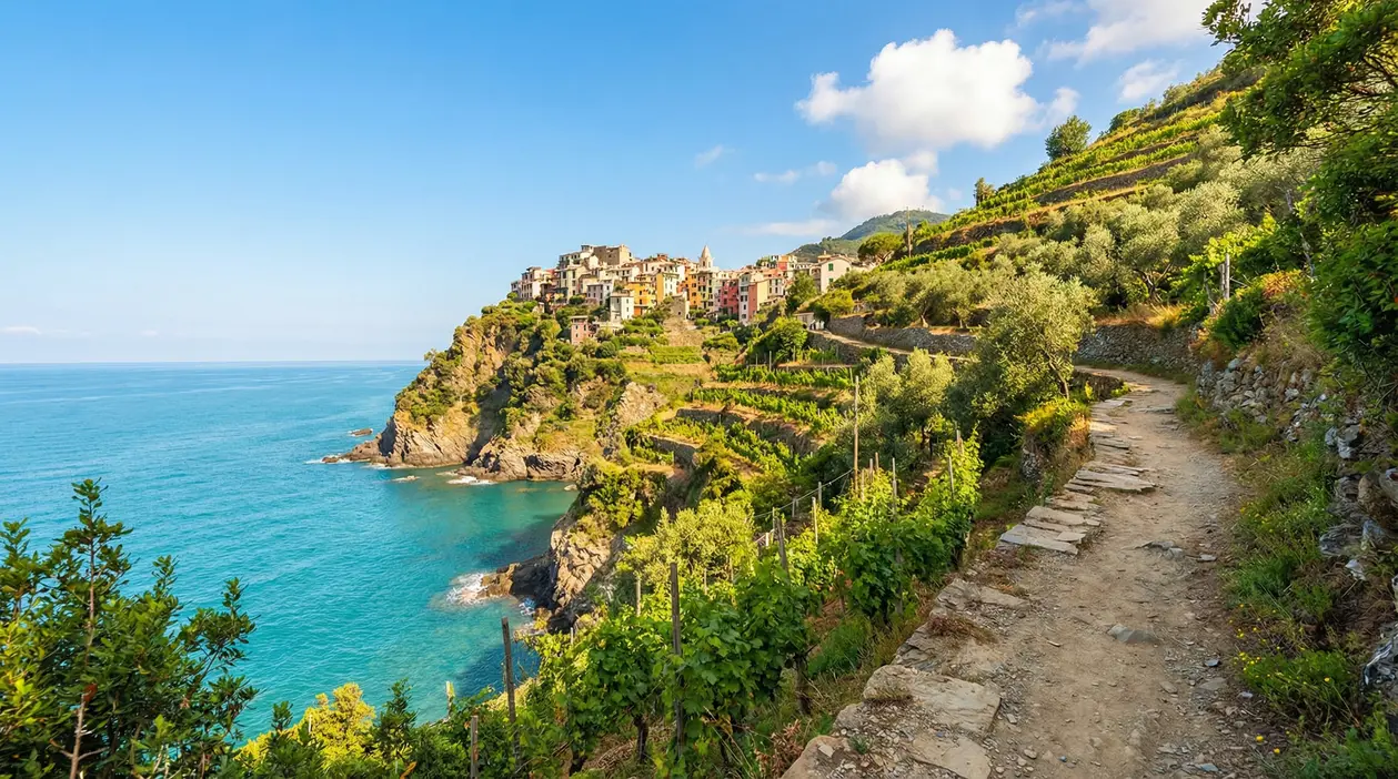 Sentiero panoramico con vista su un borgo delle Cinque Terre affacciato sul mare